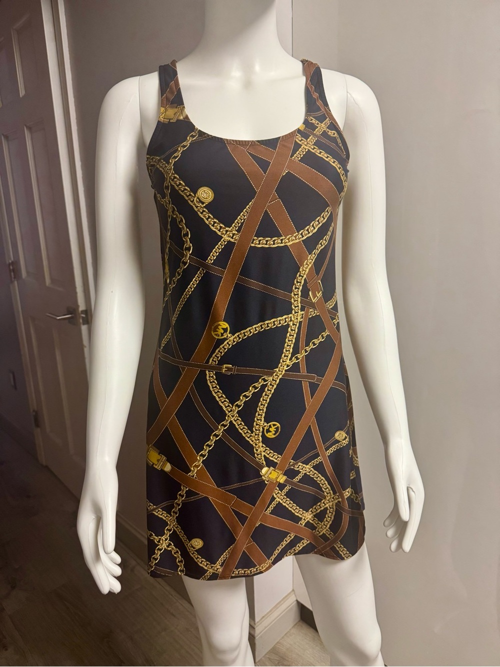 Michael Kors Black Mini Dress , beach cover up with Brown & Gold Chain Print S